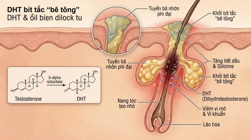 Cơ chế sinh lý học tàn phá nang tóc: DHT, Viêm vi mô và Lão hóa