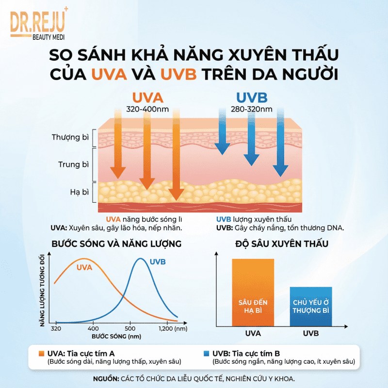 Infographic so sánh độ xuyên thấu của UVA và UVB (có logo Dr. Reju)