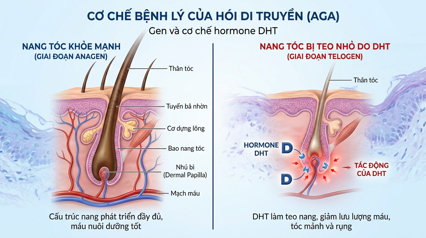 Bản chất bệnh lý của hói di truyền (AGA): Gen và cơ chế hormone DHT