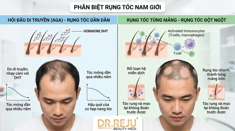 Phân biệt ranh giới lâm sàng: Rụng tóc từng mảng vs. Hói đầu di truyền (AGA)