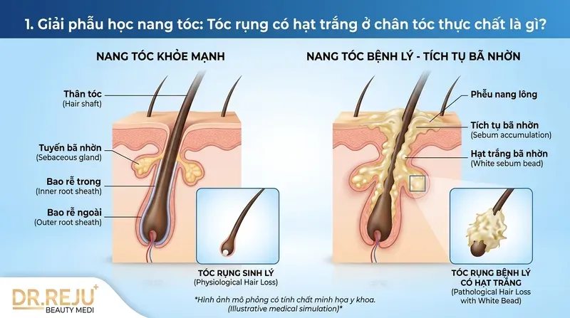 Giải phẫu học nang tóc: Tóc rụng có hạt trắng ở chân tóc thực chất là gì?
