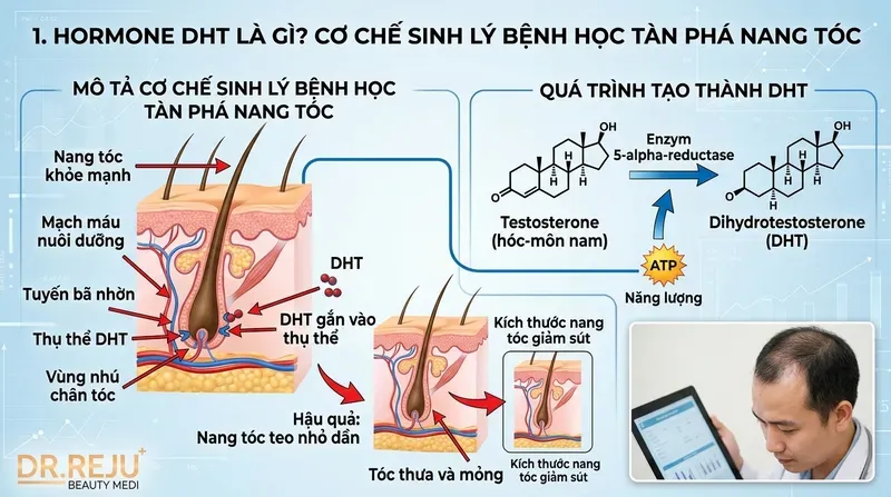 Hormone DHT là gì? Cơ chế sinh lý bệnh học tàn phá nang tóc (Dữ liệu KB)