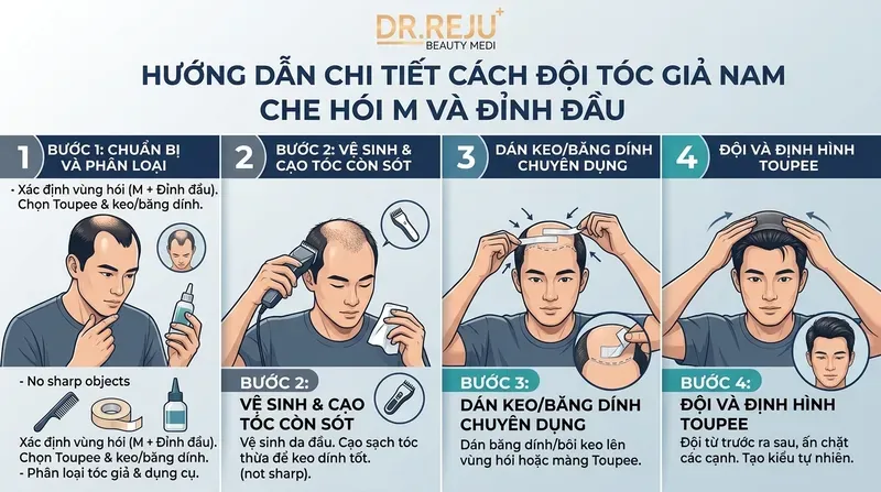 Hướng dẫn chi tiết cách che hói đỉnh đầu và hói chữ M bằng tóc giả nam