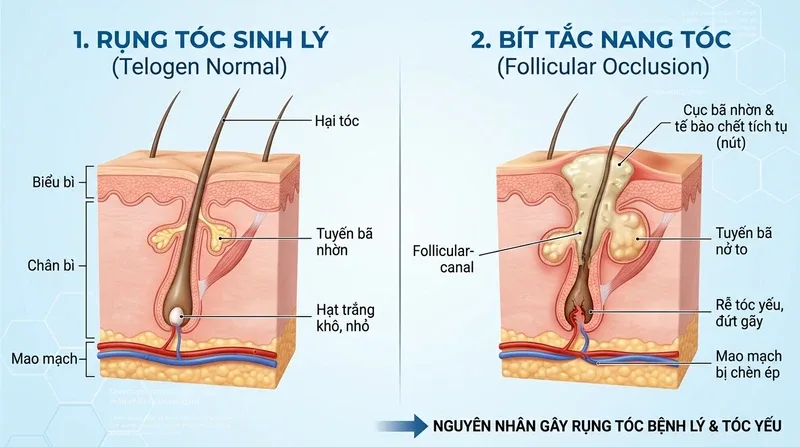 Giải phẫu học: Tóc rụng có hạt trắng ở chân tóc là sinh lý hay bít tắc nang tóc? (Cần dữ liệu KB)