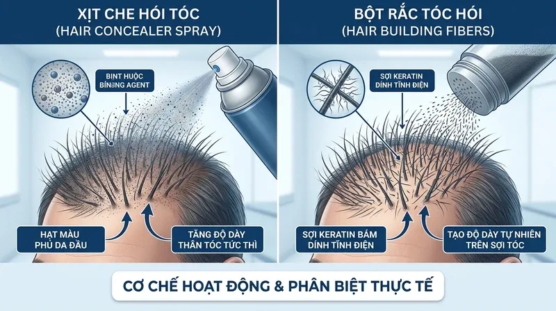 Xịt che hói là gì? Cơ chế hoạt động & Phân biệt với bột rắc tóc hói