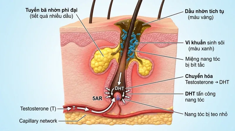 Giải mã cơ chế sinh học: Tại sao da đầu tiết nhiều dầu lại gây teo nang tóc? [Cần dữ liệu KB]