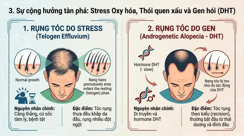 Sự cộng hưởng tàn phá: Stress Oxy hóa, Thói quen xấu và Gen hói (DHT)