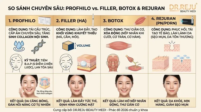 So sánh chuyên sâu: Tiêm Profhilo khác gì Filler, Botox và Rejuran?