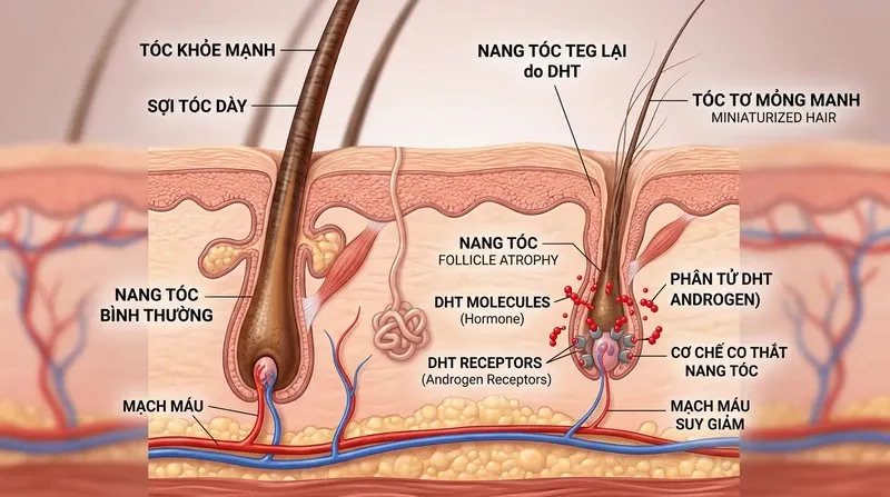 Cơ chế sinh lý học: Tại sao gen di truyền và DHT lại 'giết chết' nang tóc?