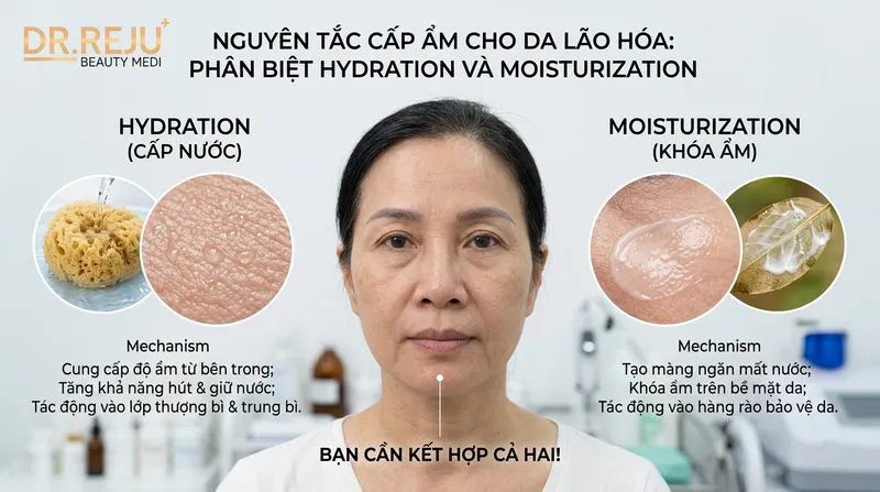 Nguyên tắc cấp ẩm cho da lão hóa: Phân biệt Hydration và Moisturization