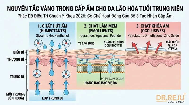 Nguyên tắc vàng trong cấp ẩm cho da lão hóa tuổi trung niên