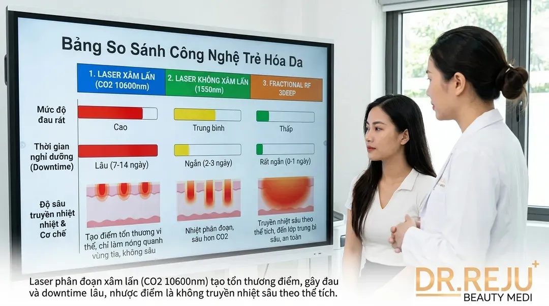 So sánh công nghệ: Laser xâm lấn, Không xâm lấn và Fractional RF